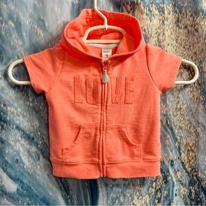 Baby Carter’s Neon Orange 9 Months Short Sleeve Hoodie Full Zipper “Love”
